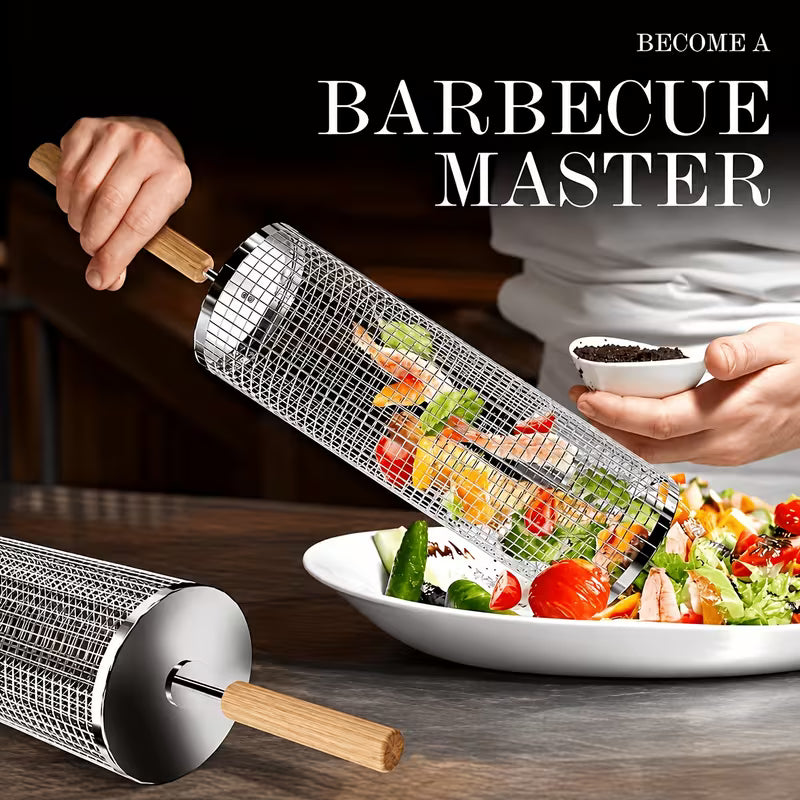 3-Piece Stainless Steel Rolling Braai & BBQ Grill Basket Set (with 2 Turning Hooks)