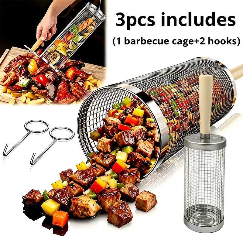 3-Piece Stainless Steel Rolling Braai & BBQ Grill Basket Set (with 2 Turning Hooks)