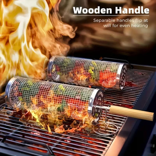 3-Piece Stainless Steel Rolling Braai & BBQ Grill Basket Set (with 2 Turning Hooks)