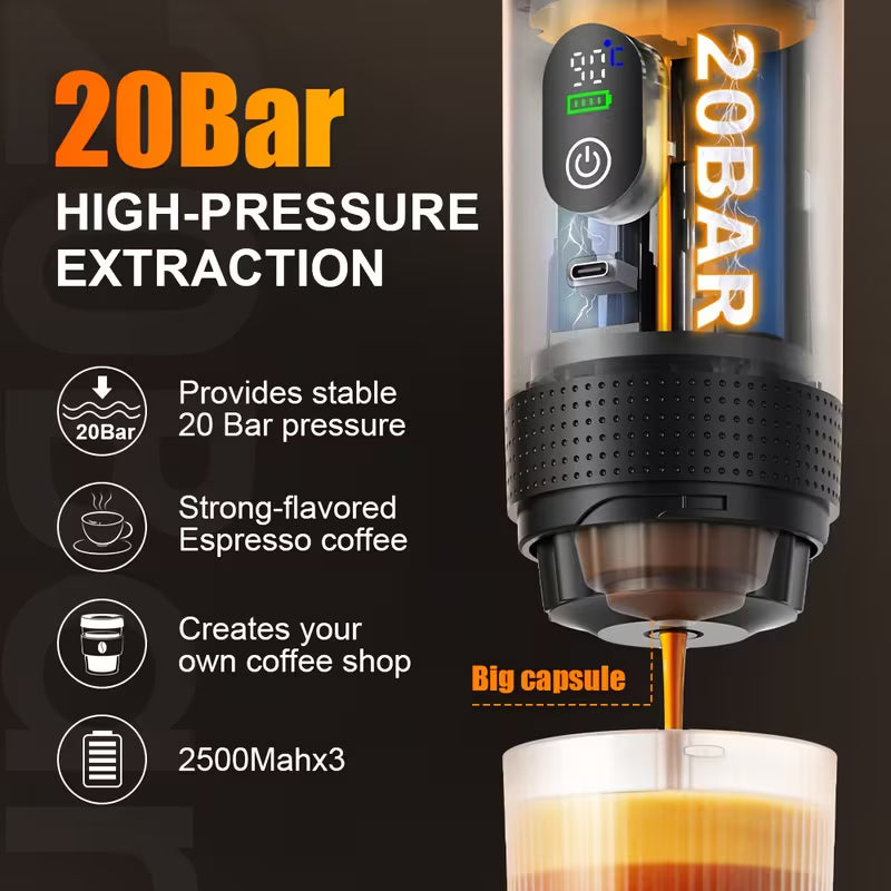 Portable 3-in-1 Cordless Espresso Machine – USB Rechargeable Travel Coffee Maker (Pods & Ground Coffee)