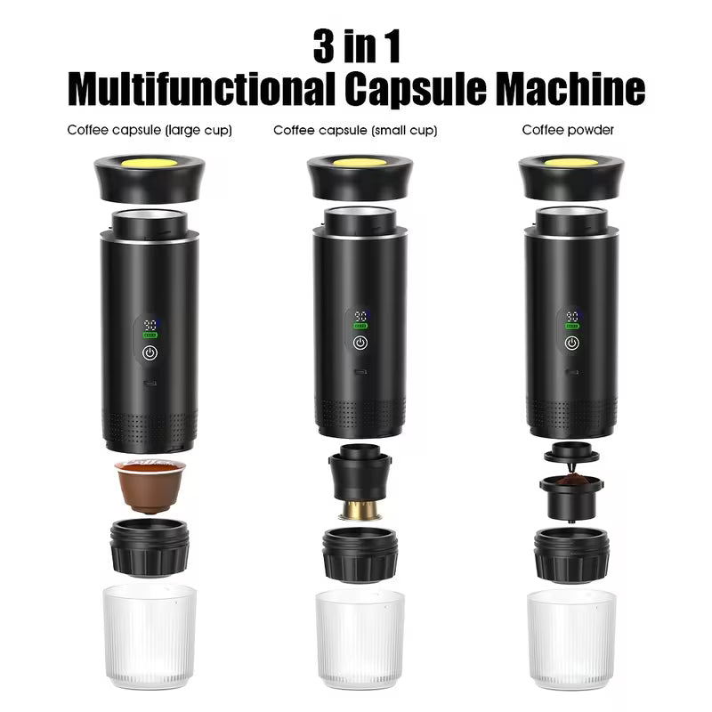 Portable 3-in-1 Cordless Espresso Machine – USB Rechargeable Travel Coffee Maker (Pods & Ground Coffee)
